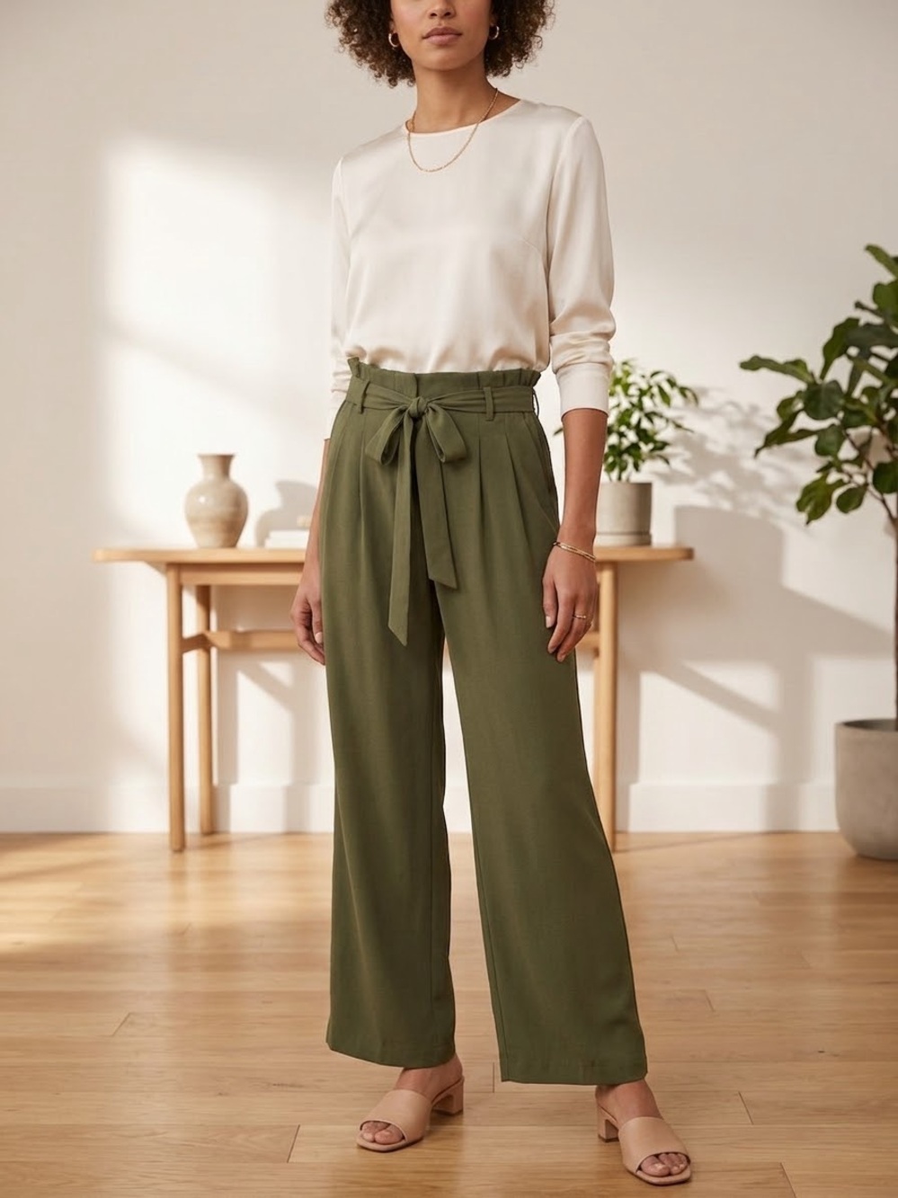 High-Rise Paperbag Wide-Leg Pants in Olive